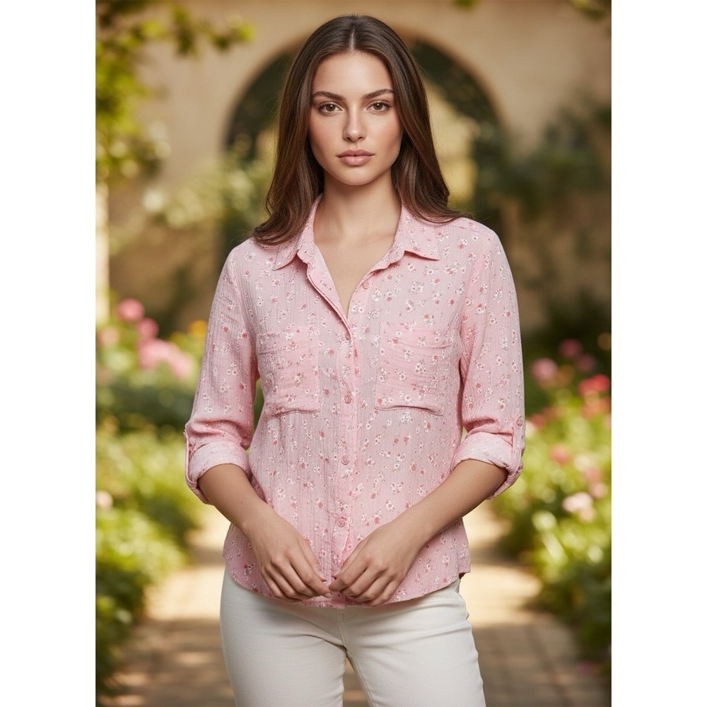 Hippie Rose Pink Floral Button Up Women Medium Boho Cottagecore Lightweight Soft